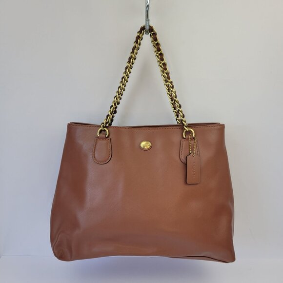 Coach Peyton Brown Saffiano Leather Chain Tote Bag With Gold Hardware - Picture 1 of 11